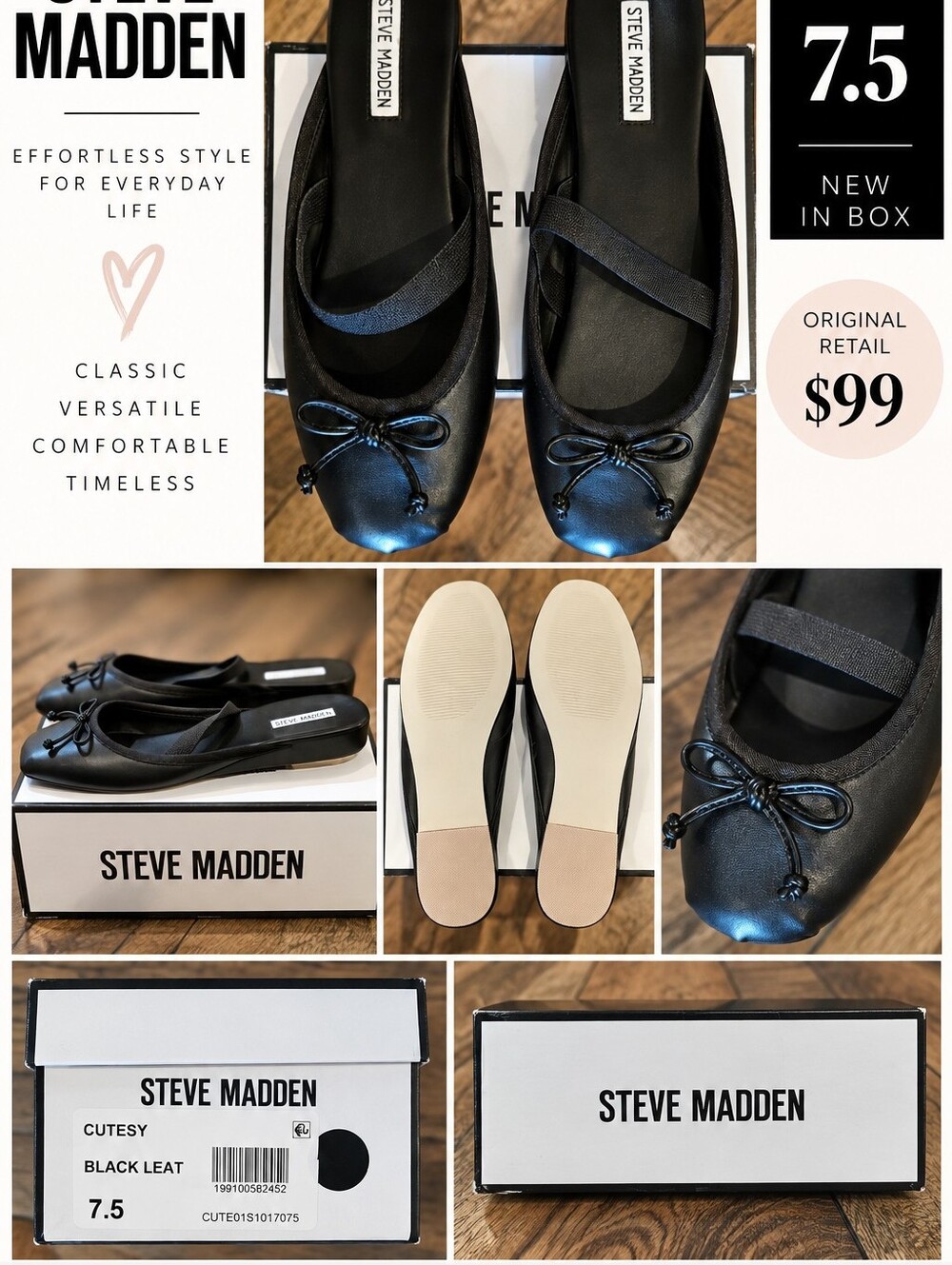 NIB Steve Madden Cutesy Slip-On Ballet Mules Black Leather Sz 7.5
